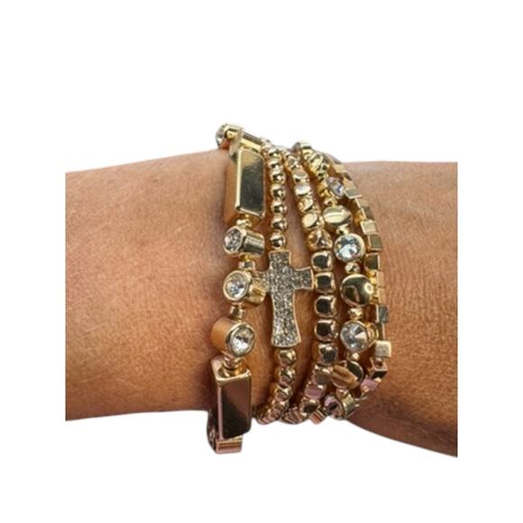Set of 5 Gold Beaded Crystal Cross Bracelets - Picture 1 of 2